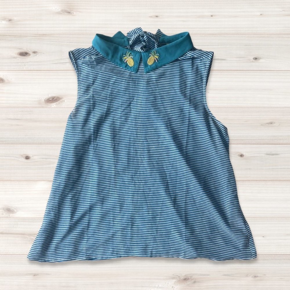 NWOT ModCloth " Sleeveless Blue Striped Sheer Collard Pineapple Top | Size XL